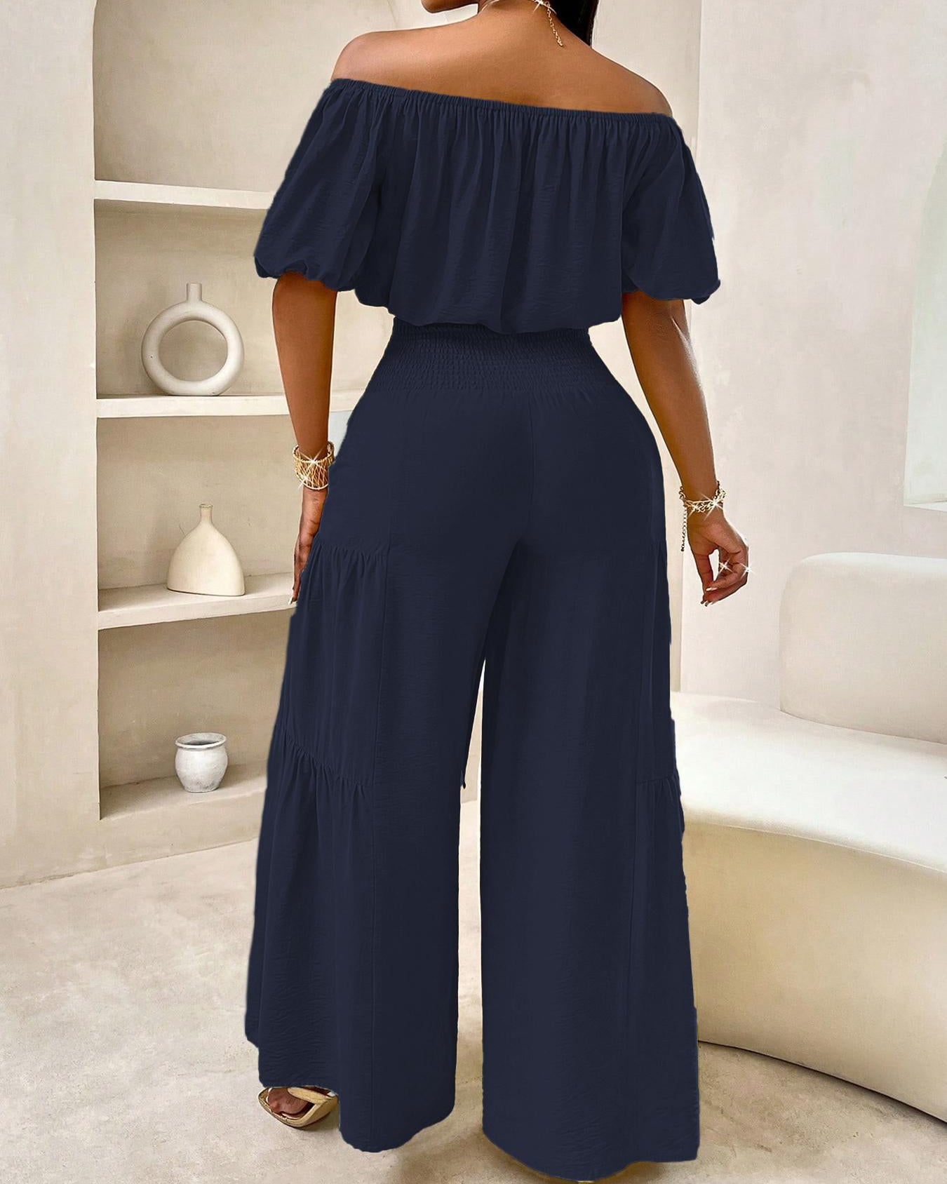 Off Shoulder Crop Top Waist Tie Front Tiered Wide Leg Pants Two Piece Set - By Qivii
