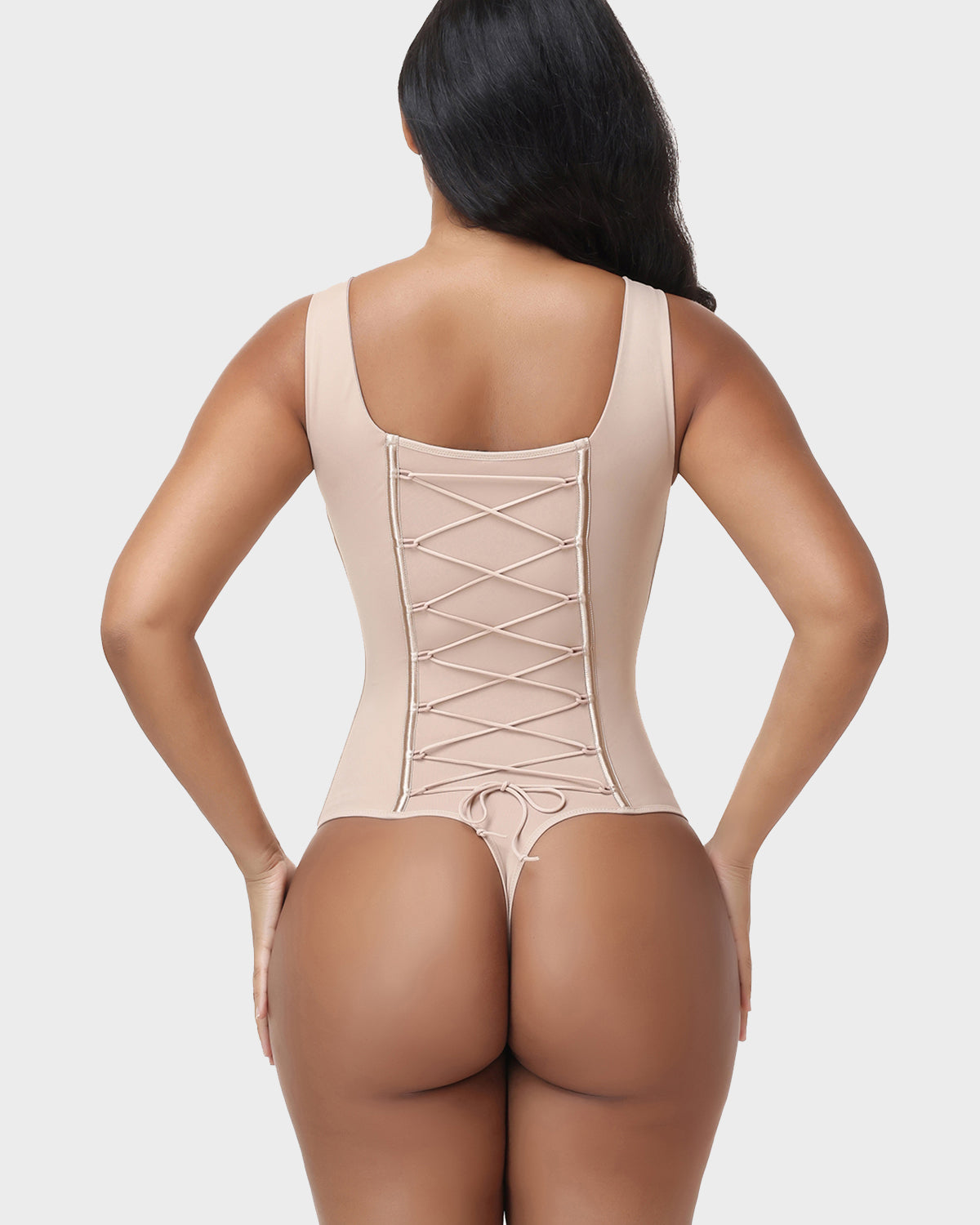 U Neck Wide Strap Back Lace Up Tummy Control Butt Lifting Bodysuit