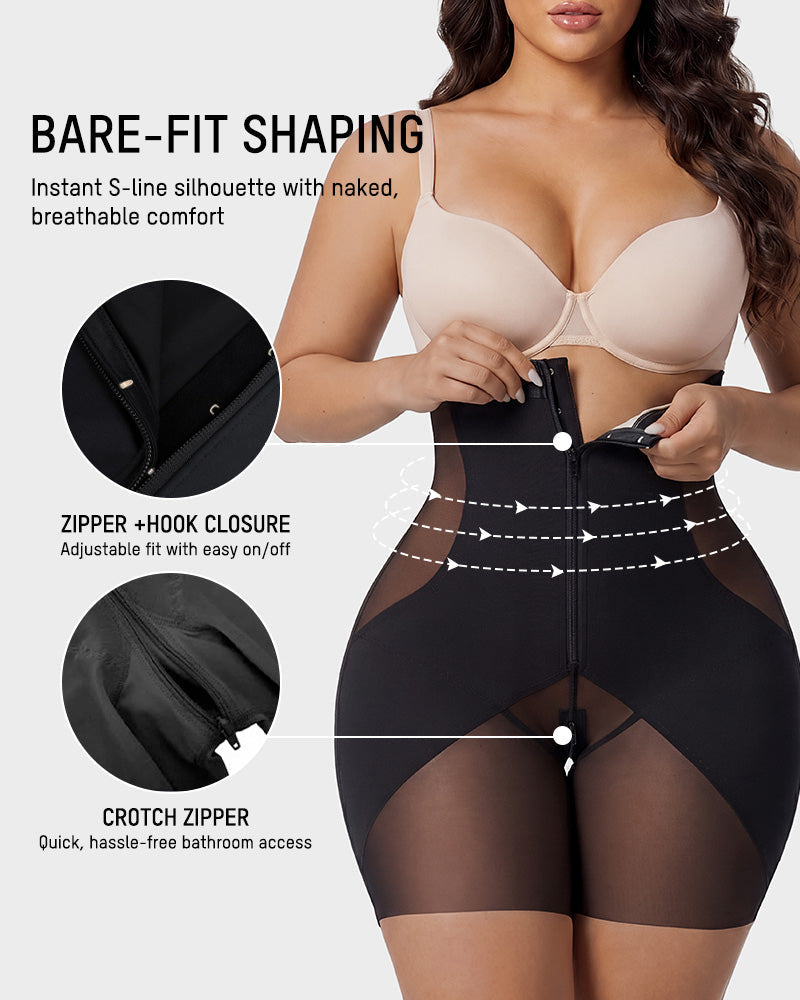 High Waist Zipper Tummy Control Butt Lifting Mid Thigh Mesh Shapewear Shorts