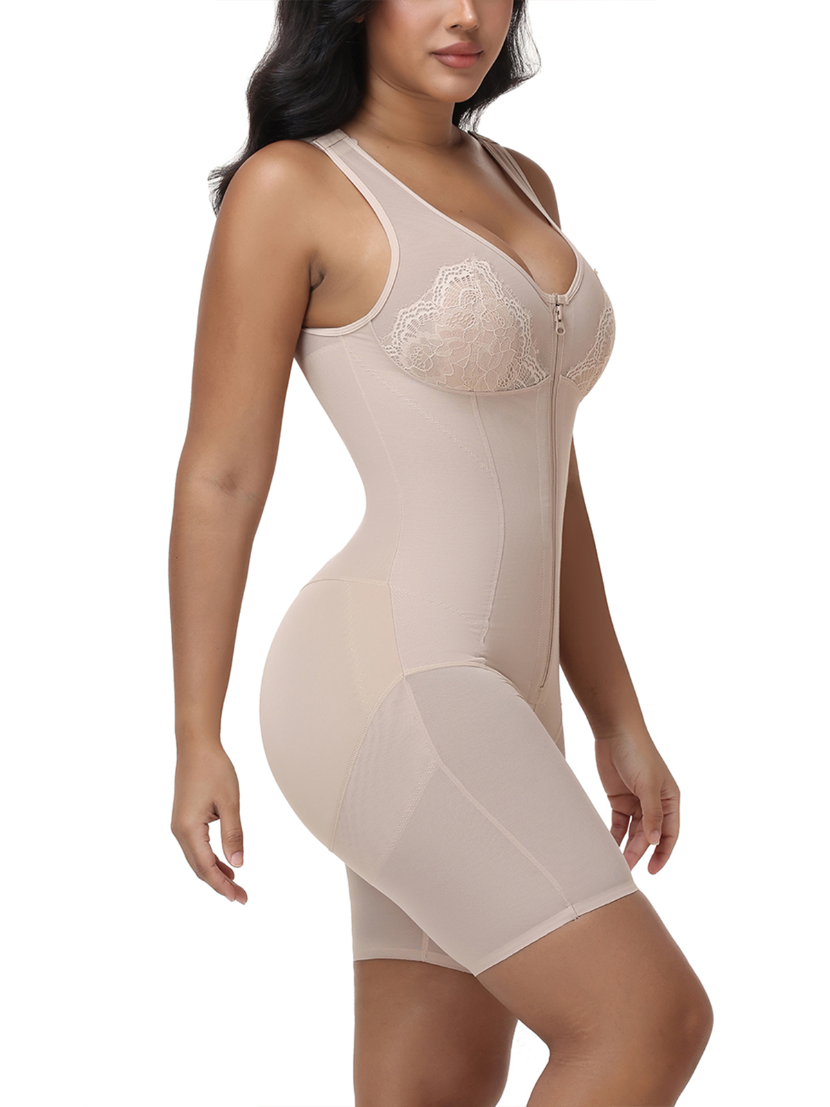 V Neck Lace Mesh Panel Mid Thigh Tummy Control Bodysuit Zipper Shapewear