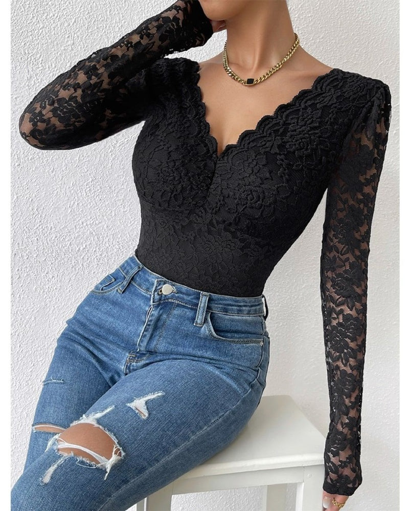 Floral Lace Sheer Long Sleeve Bodysuit V Neck Slim Fit Thong Body Shaper - By Qivii
