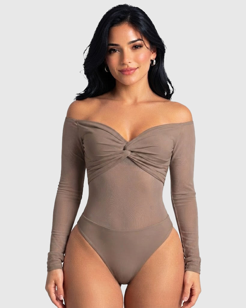 Off Shoulder Twist Front Mesh Long Sleeve Bodysuit - By Qivii