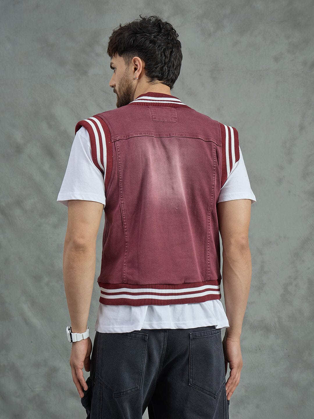 Maroon Tactical Denim Sleeveless Jacket