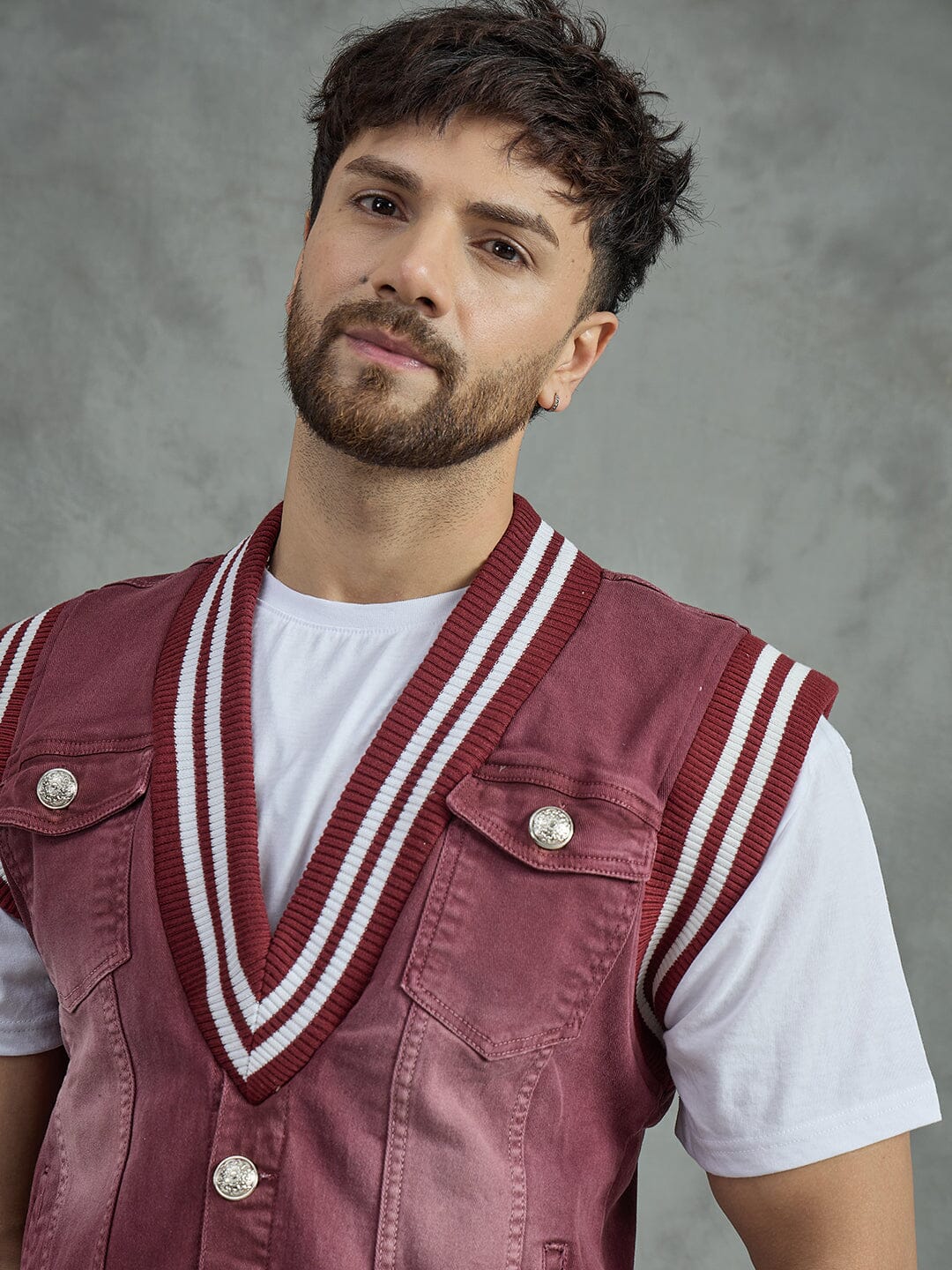 Maroon Tactical Denim Sleeveless Jacket