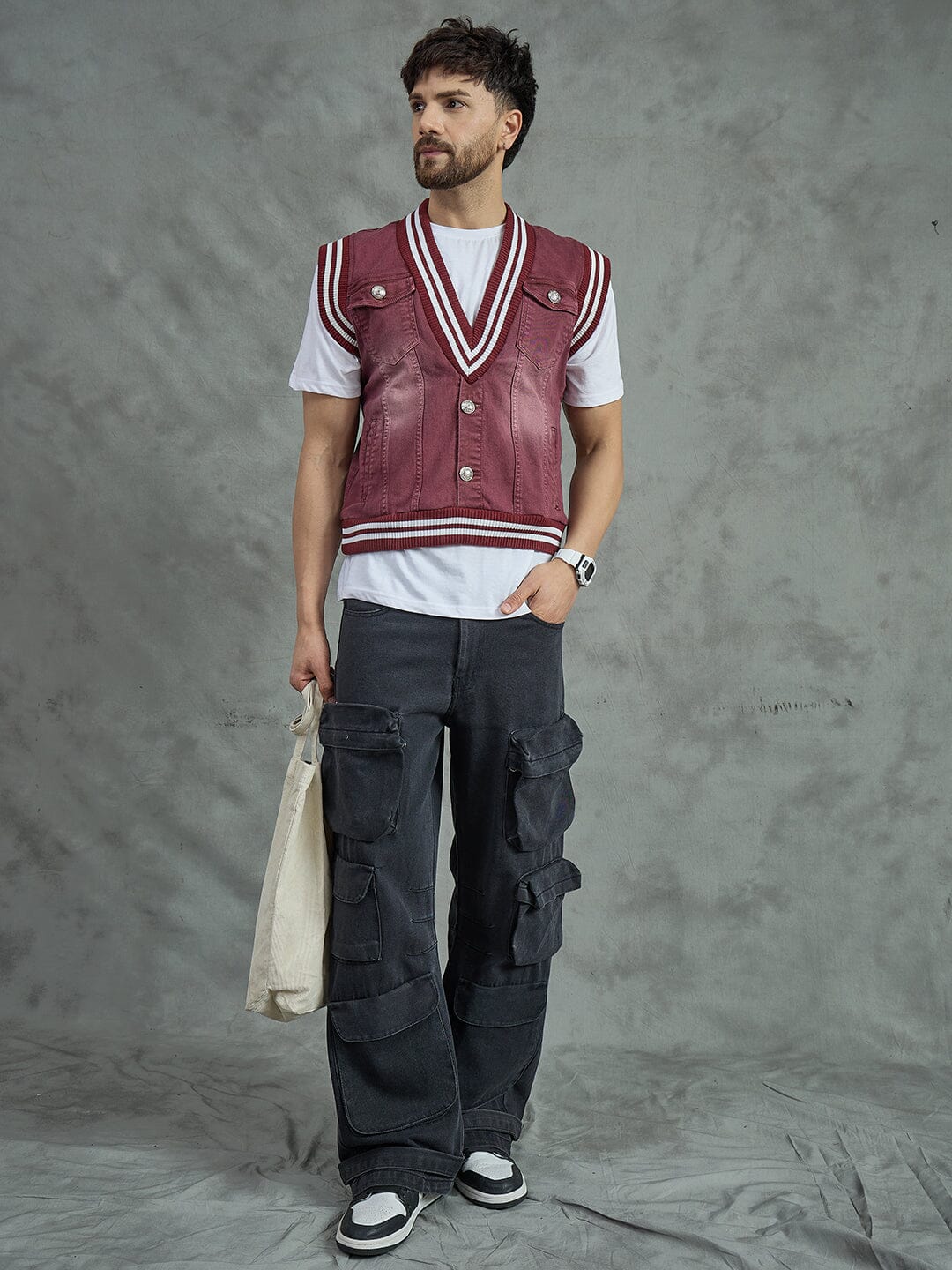 Maroon Tactical Denim Sleeveless Jacket