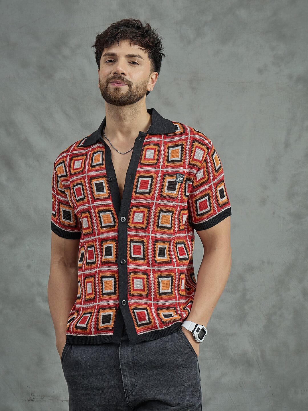 Red Crochet Pattern Knitted Shirt