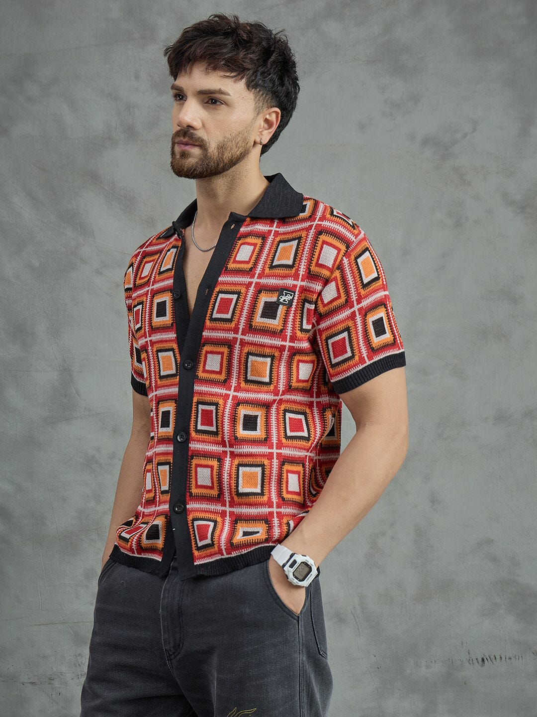 Red Crochet Pattern Knitted Shirt