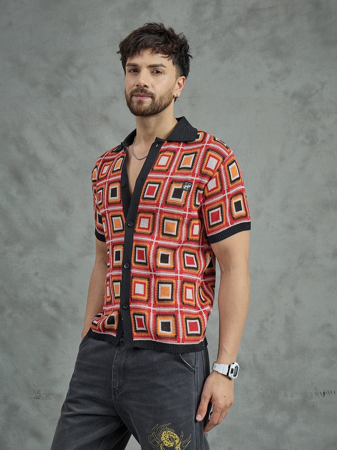 Red Crochet Pattern Knitted Shirt