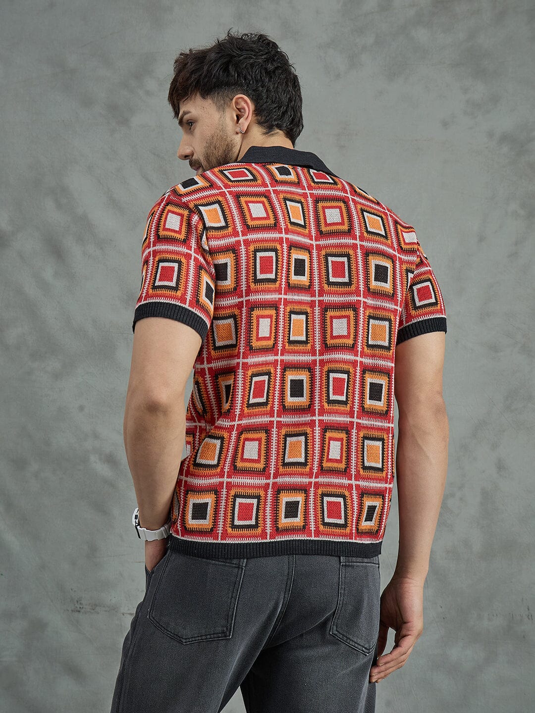 Red Crochet Pattern Knitted Shirt