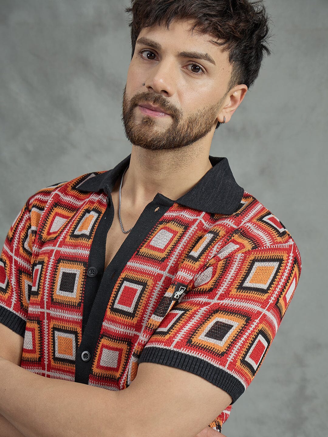 Red Crochet Pattern Knitted Shirt