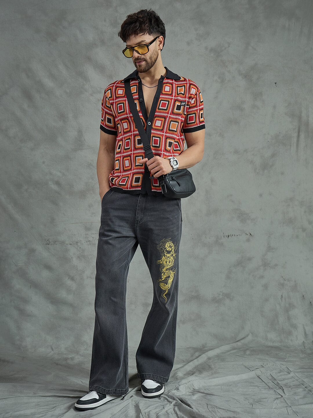 Red Crochet Pattern Knitted Shirt