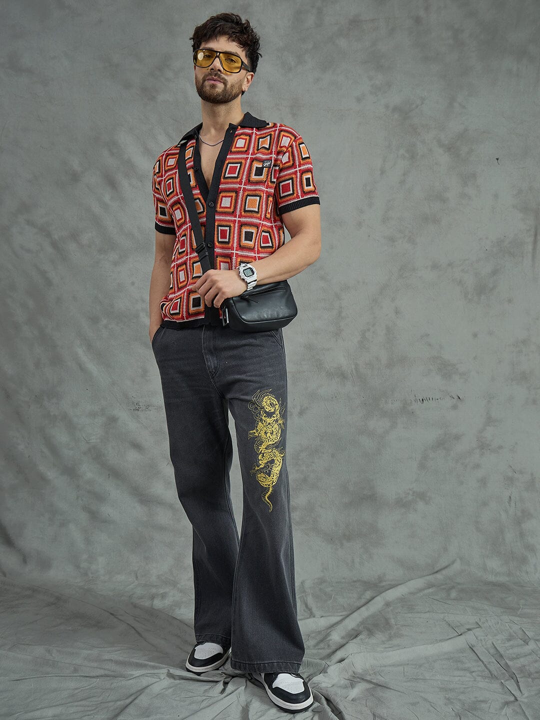 Red Crochet Pattern Knitted Shirt