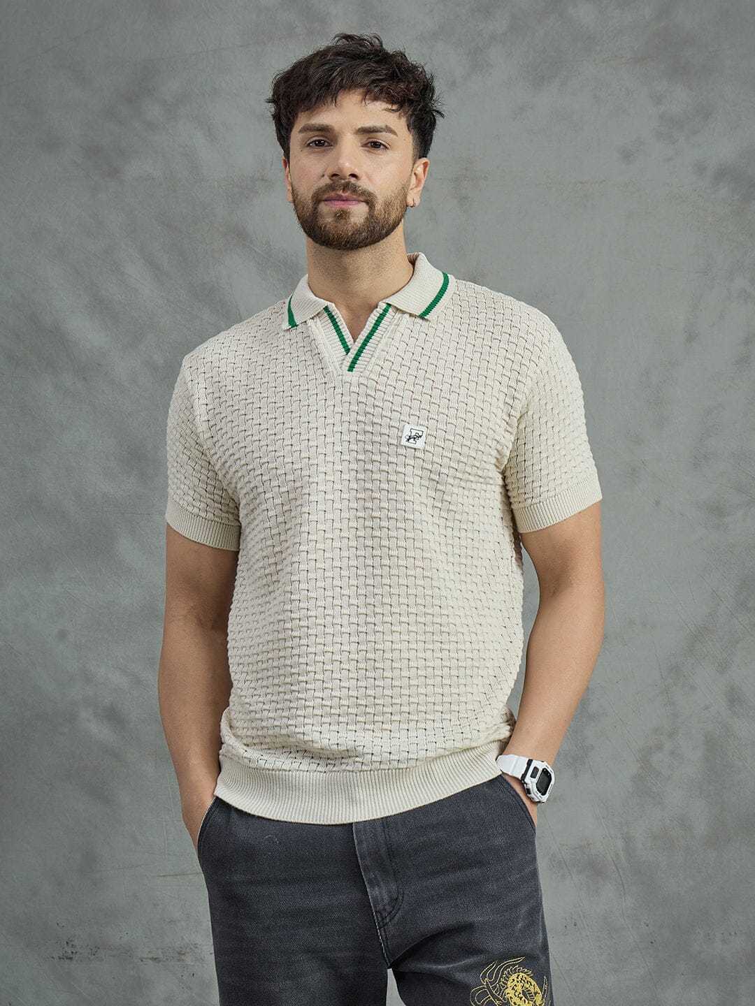 Ecru Textured Knitted Polo Tshirt