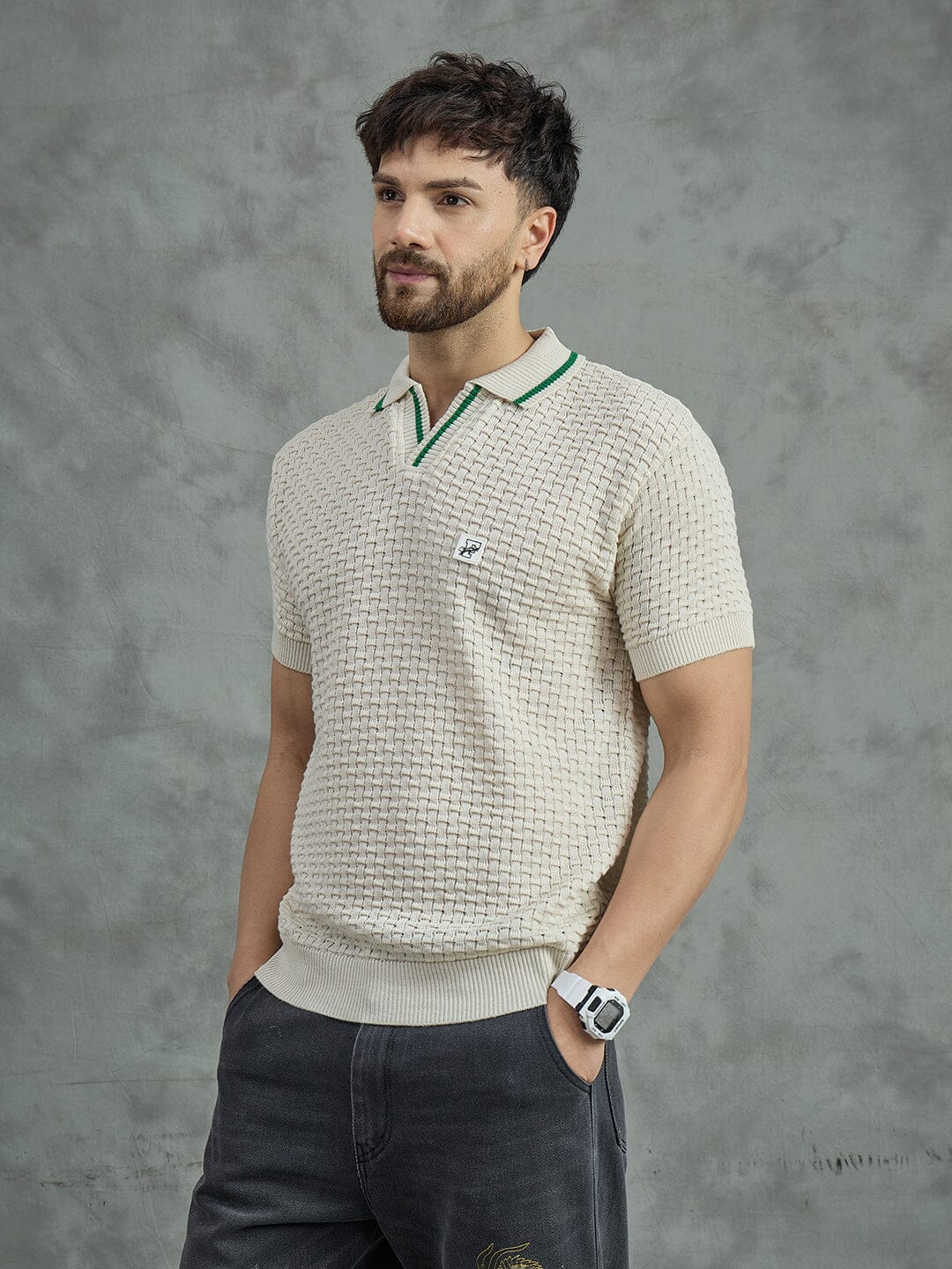 Ecru Textured Knitted Polo Tshirt