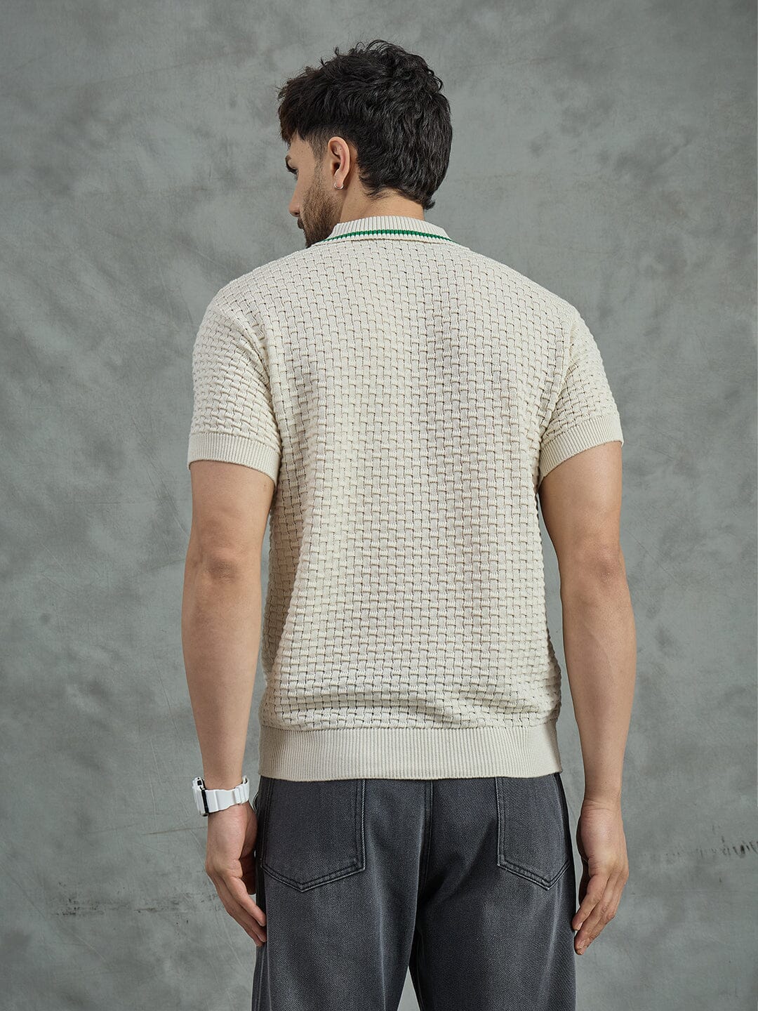 Ecru Textured Knitted Polo Tshirt