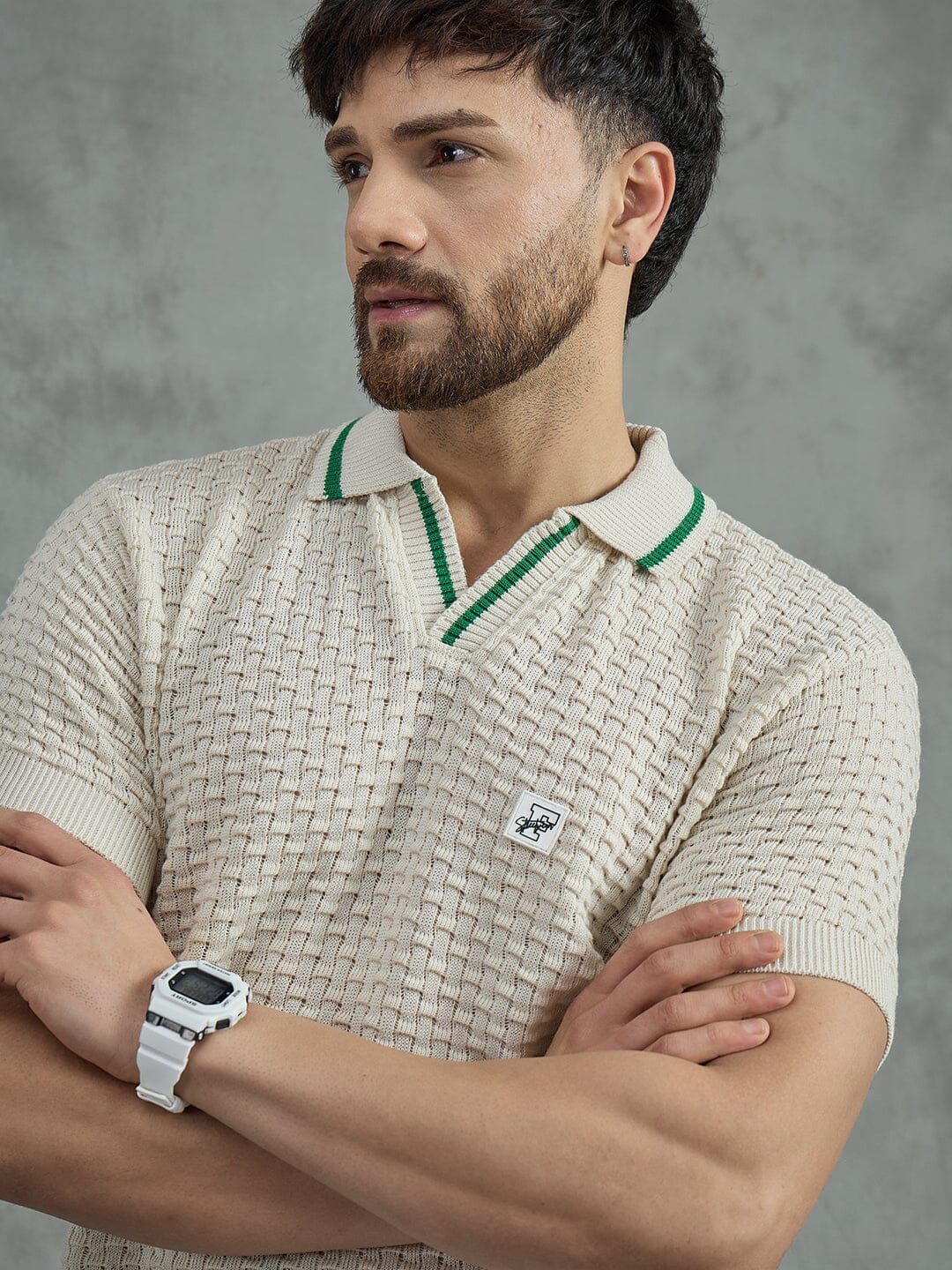 Ecru Textured Knitted Polo Tshirt