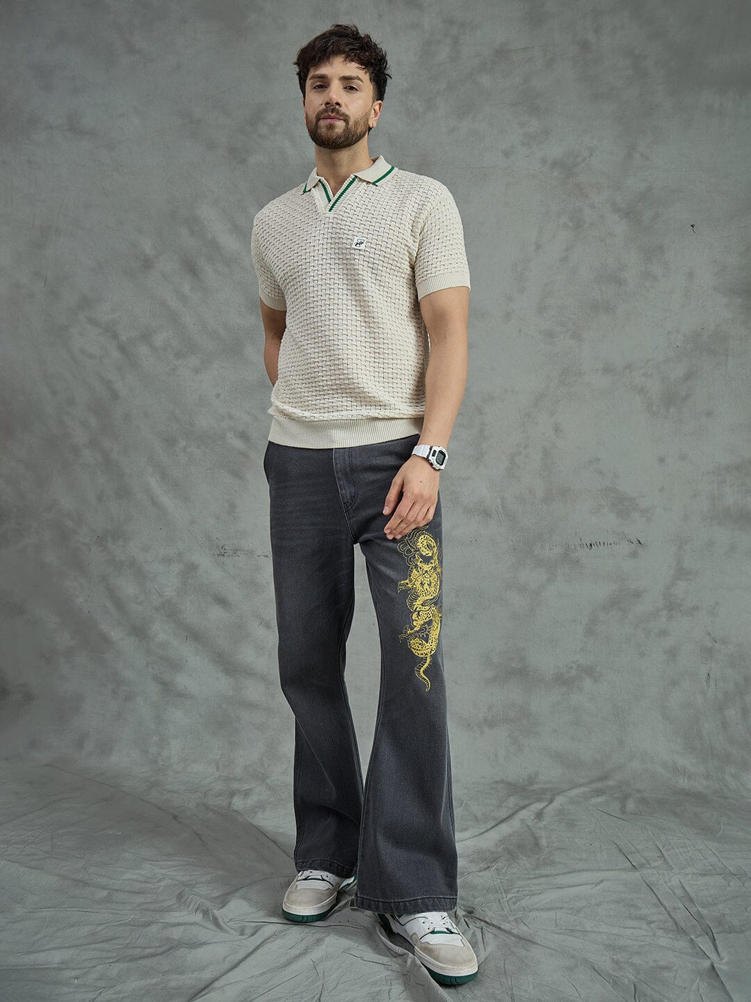 Ecru Textured Knitted Polo Tshirt