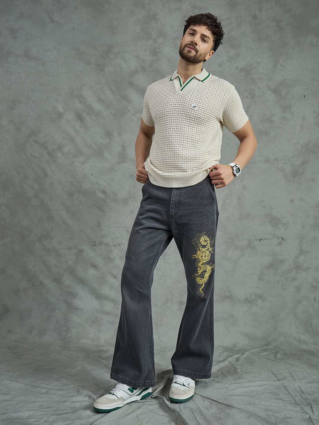 Ecru Textured Knitted Polo Tshirt