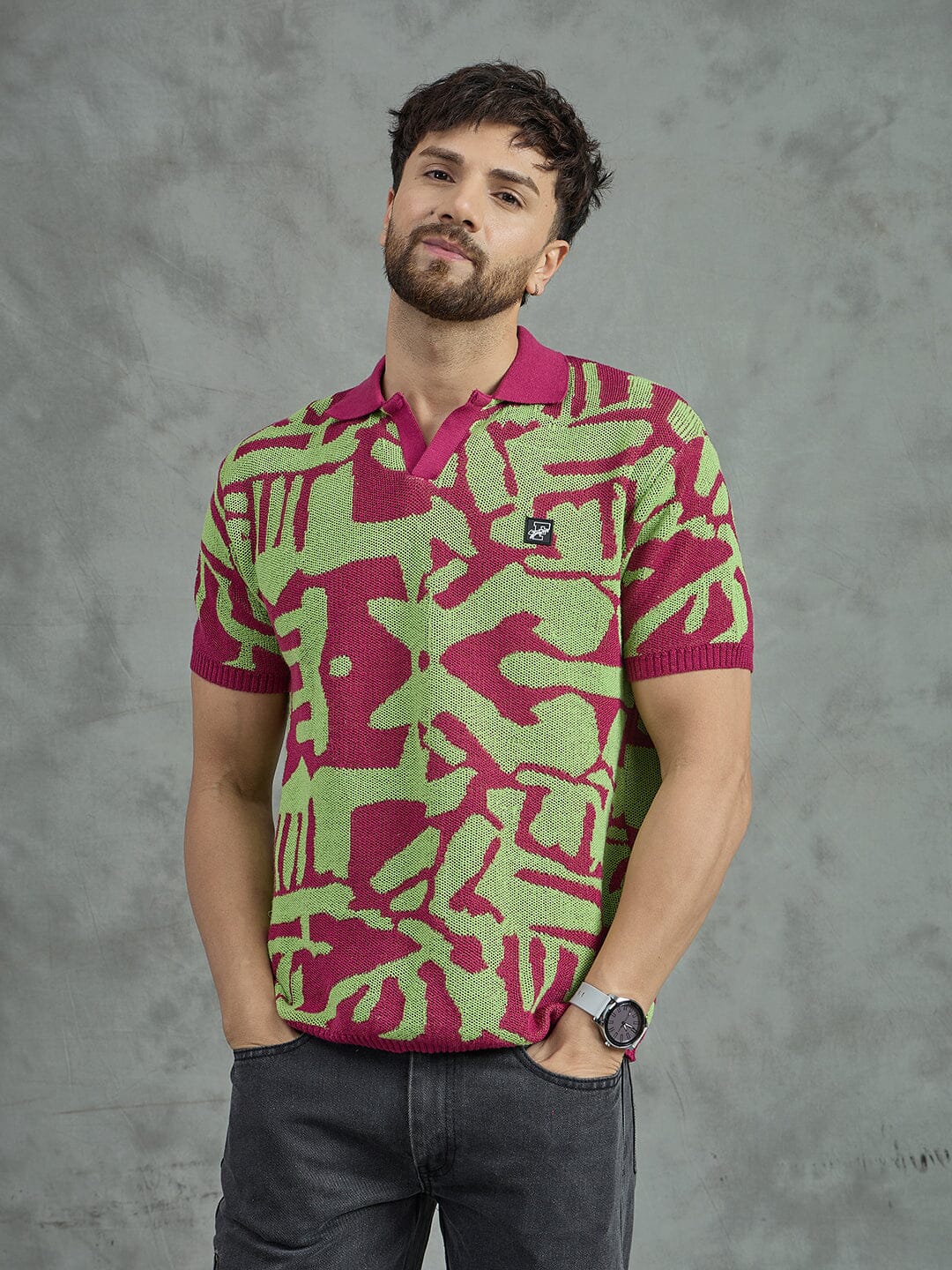 Purple and Green Abstract Knitted Polo Tshirt