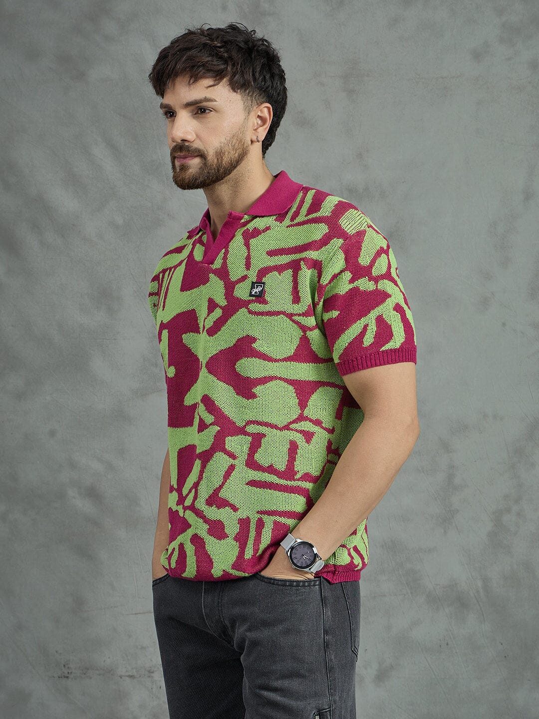 Purple and Green Abstract Knitted Polo Tshirt