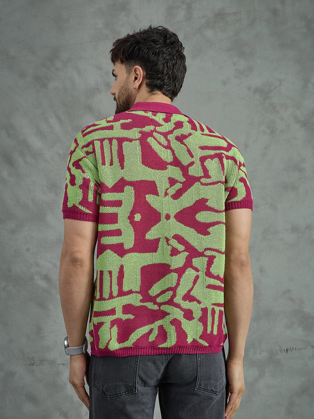 Purple and Green Abstract Knitted Polo Tshirt