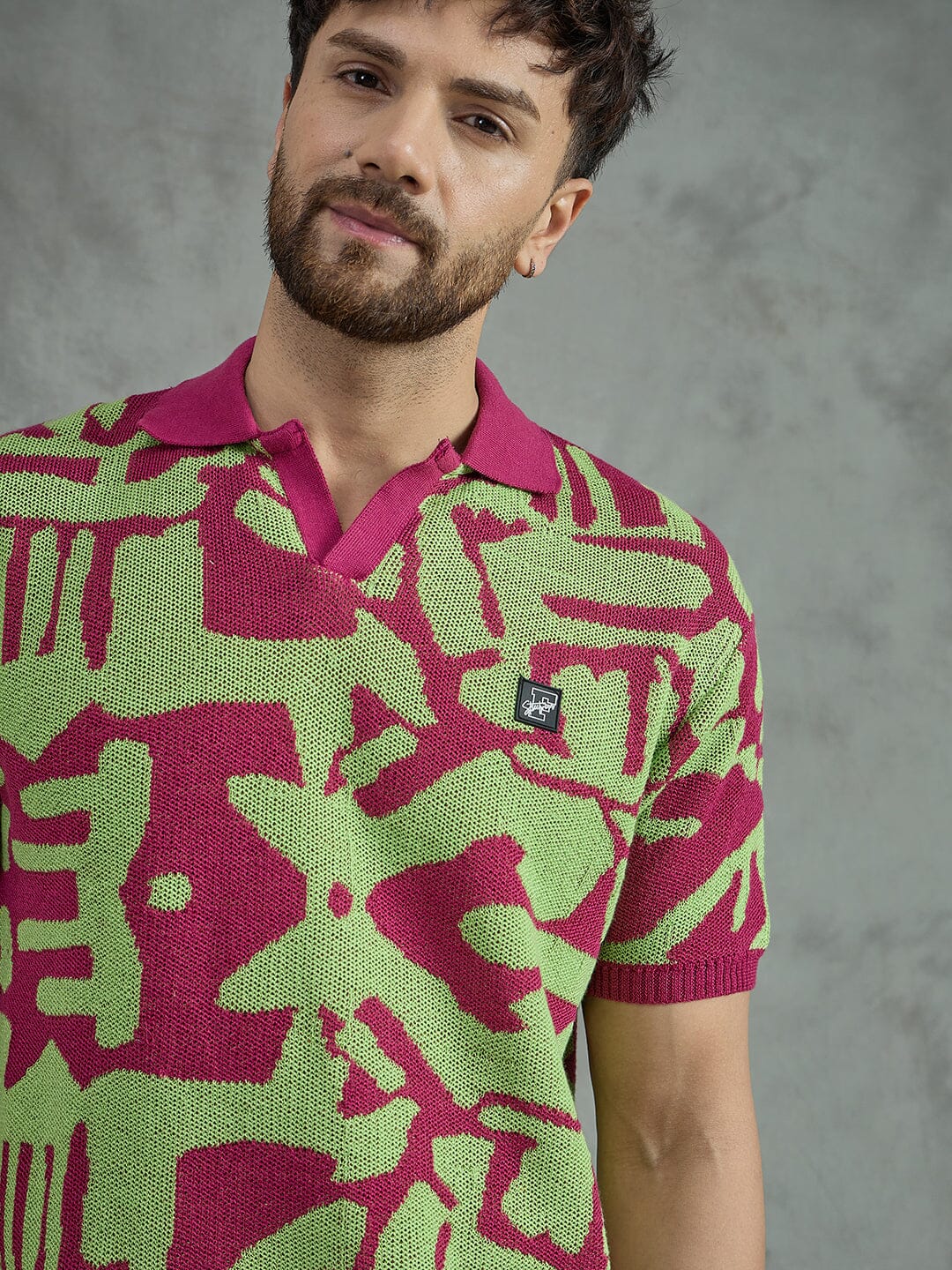 Purple and Green Abstract Knitted Polo Tshirt