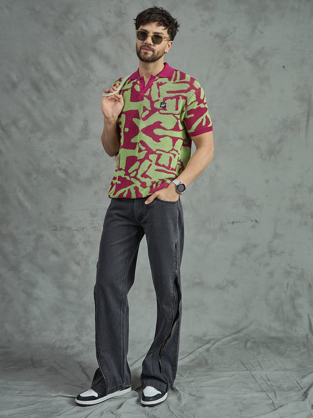 Purple and Green Abstract Knitted Polo Tshirt