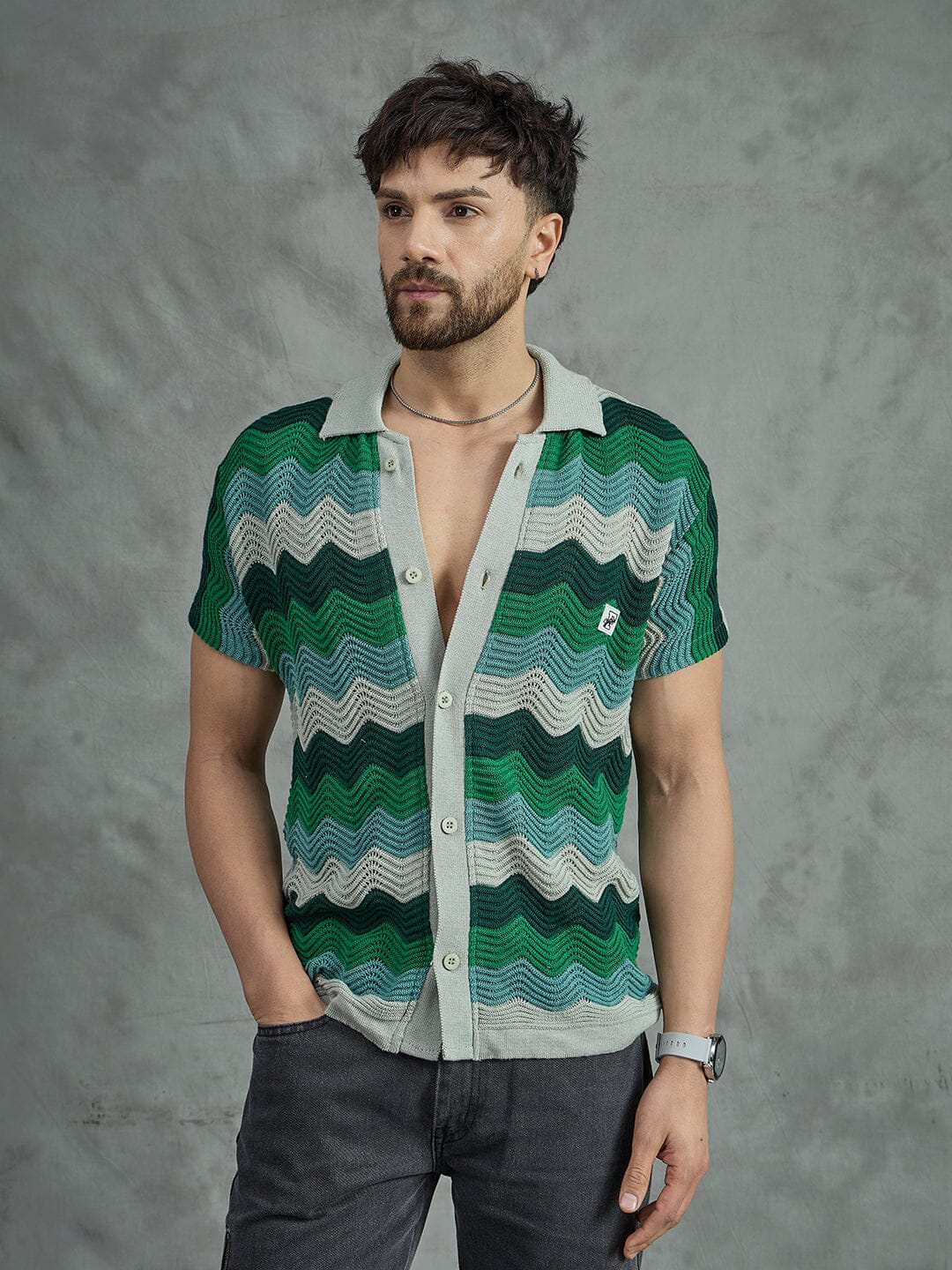 Shades Of Green Wavy Stripes Crochet Shirt