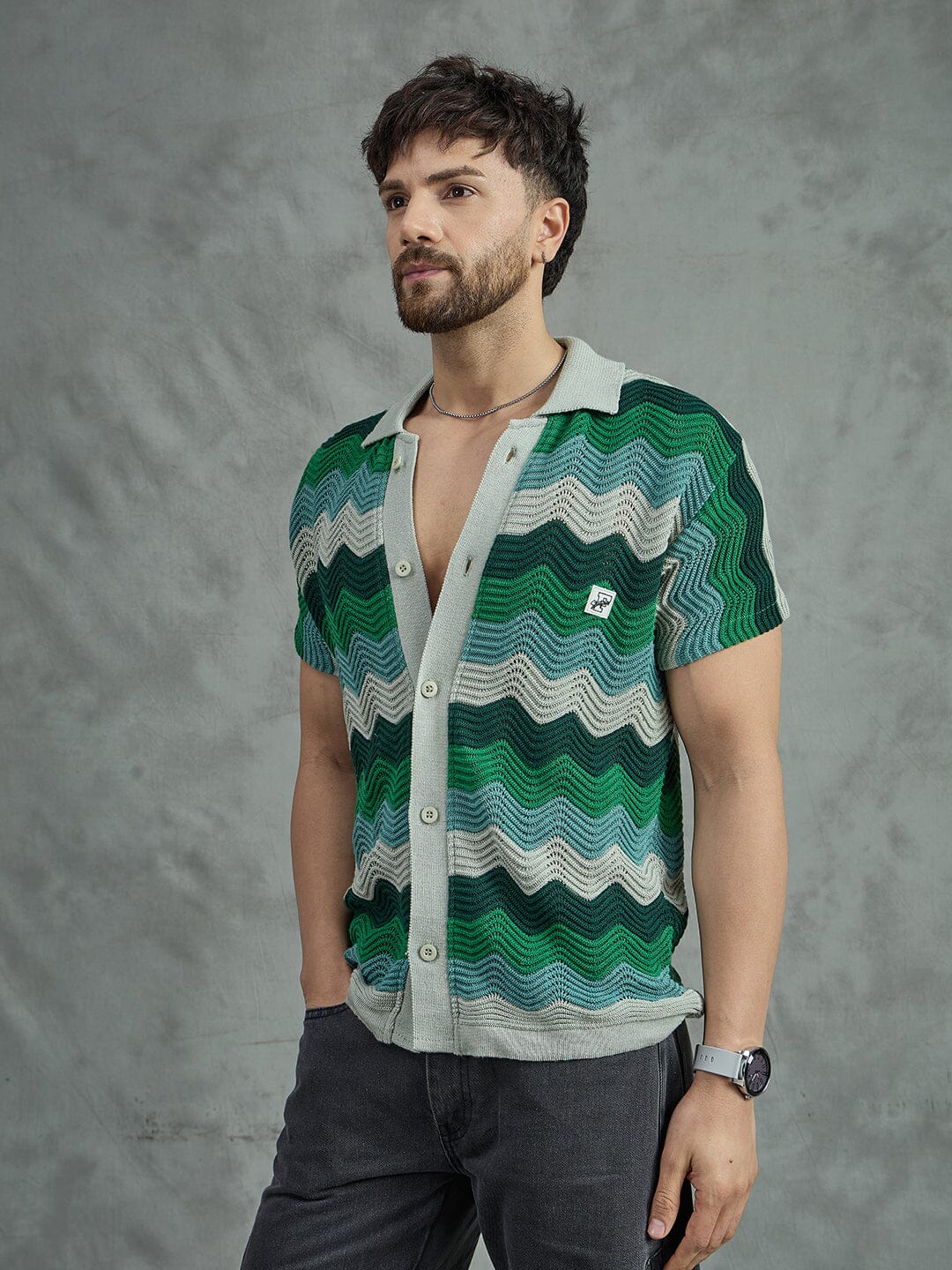 Shades Of Green Wavy Stripes Crochet Shirt - qivii