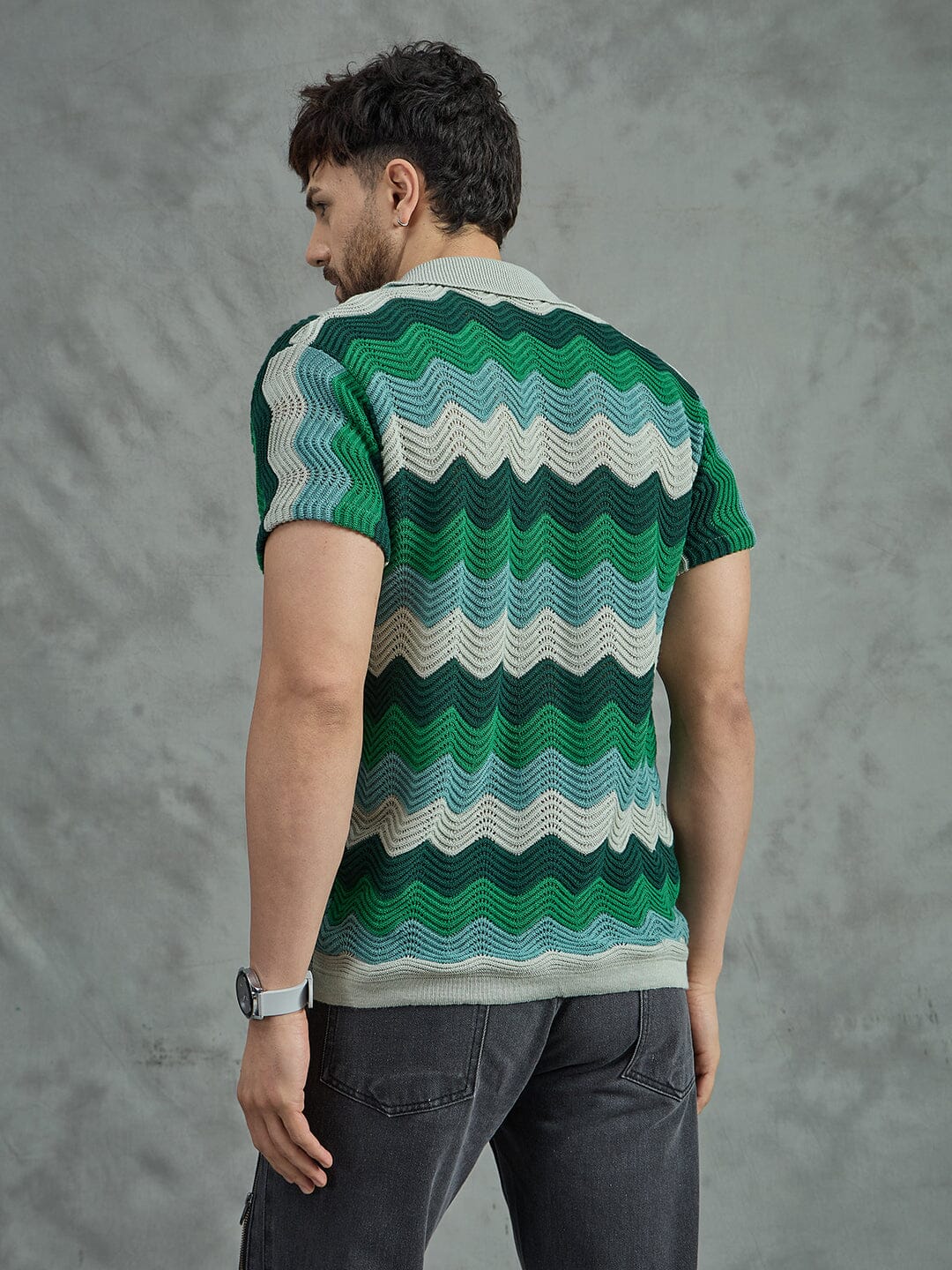 Shades Of Green Wavy Stripes Crochet Shirt