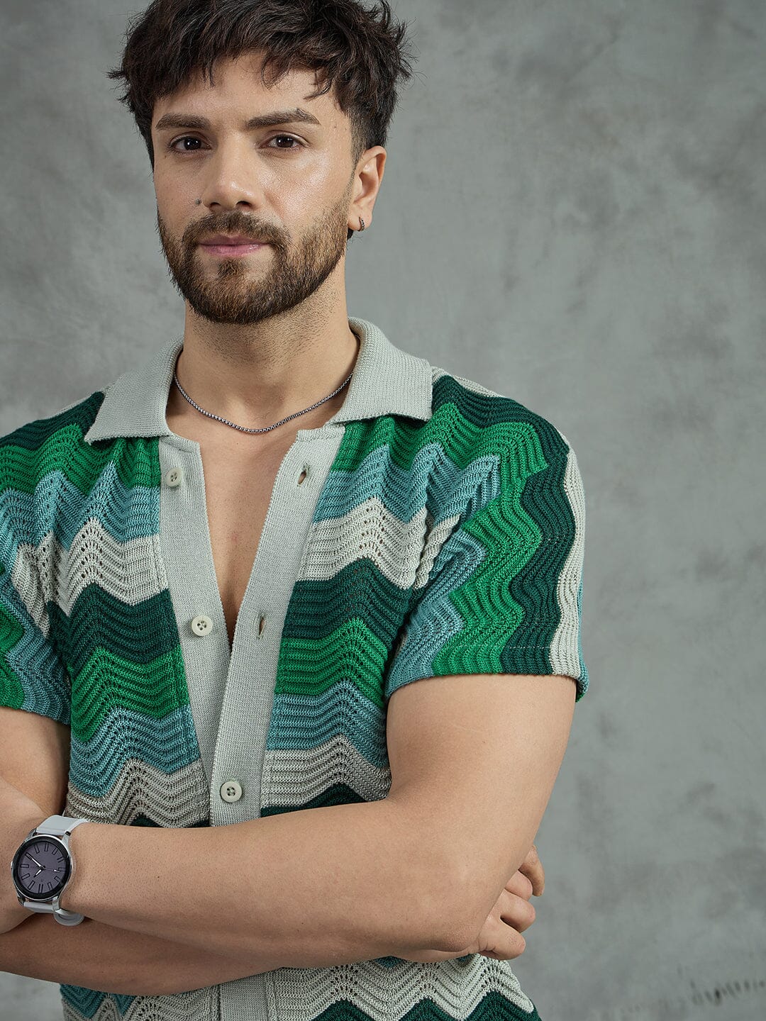 Shades Of Green Wavy Stripes Crochet Shirt