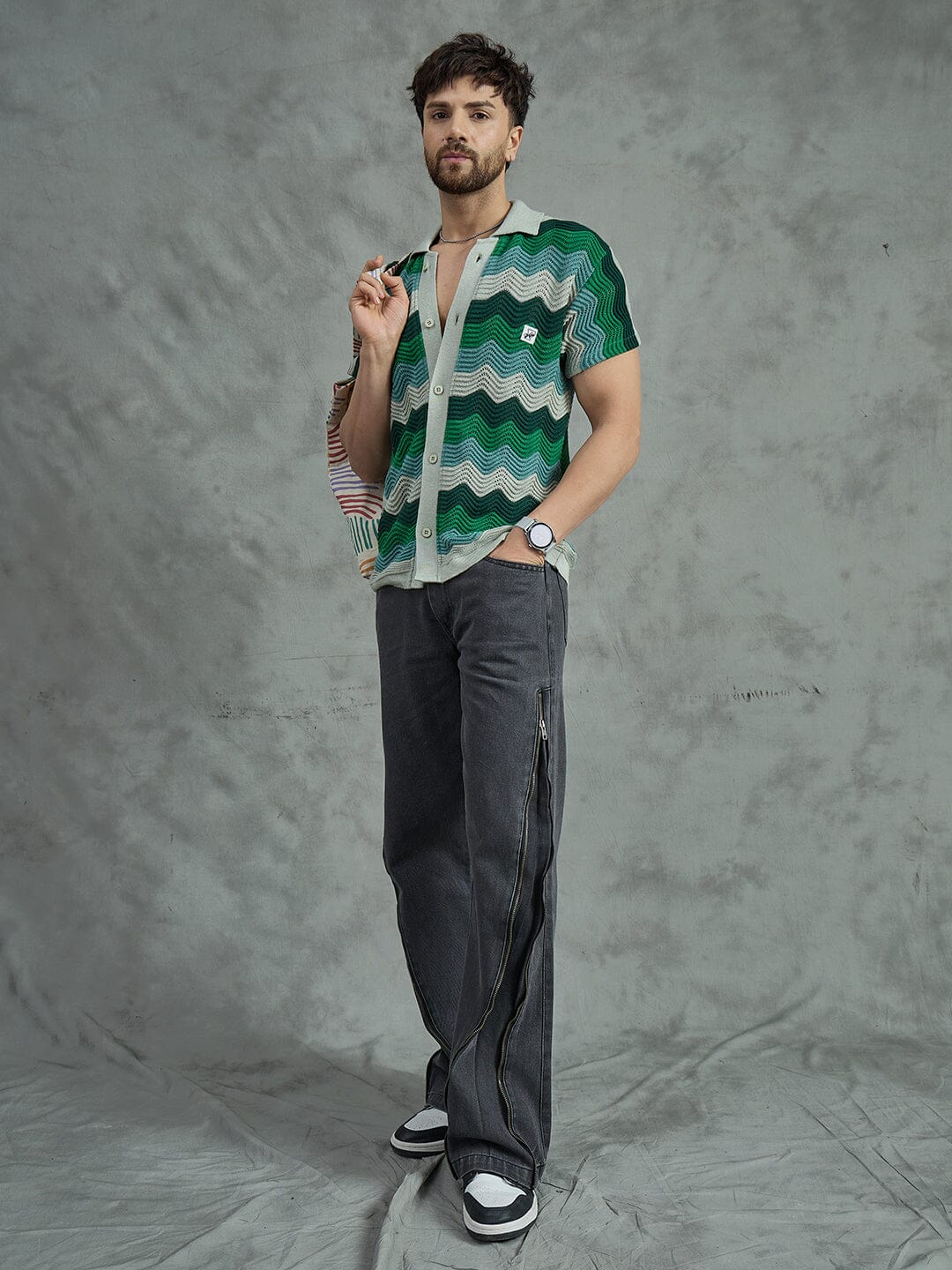 Shades Of Green Wavy Stripes Crochet Shirt