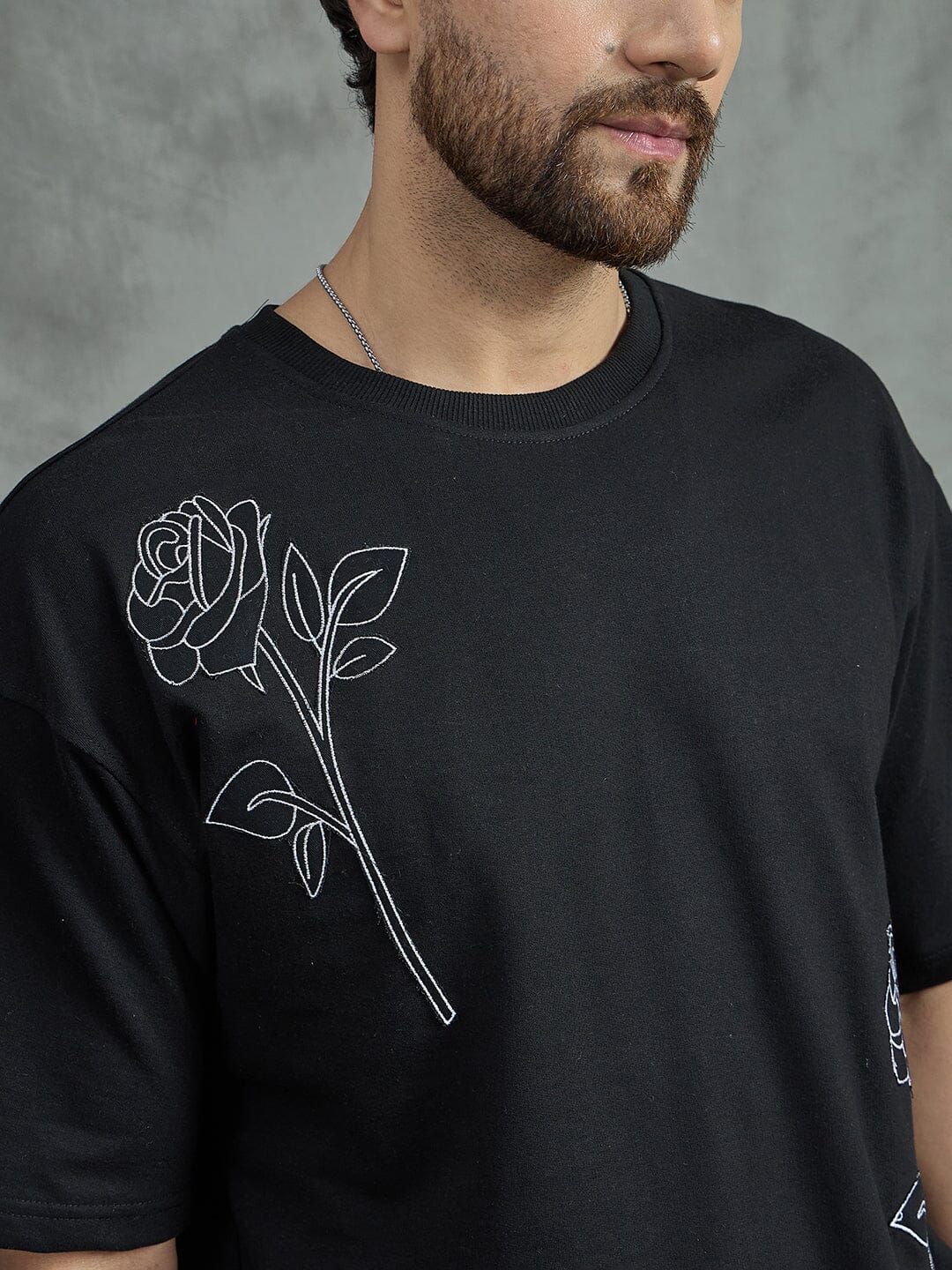 Black Rose Embroidery Oversized Tee