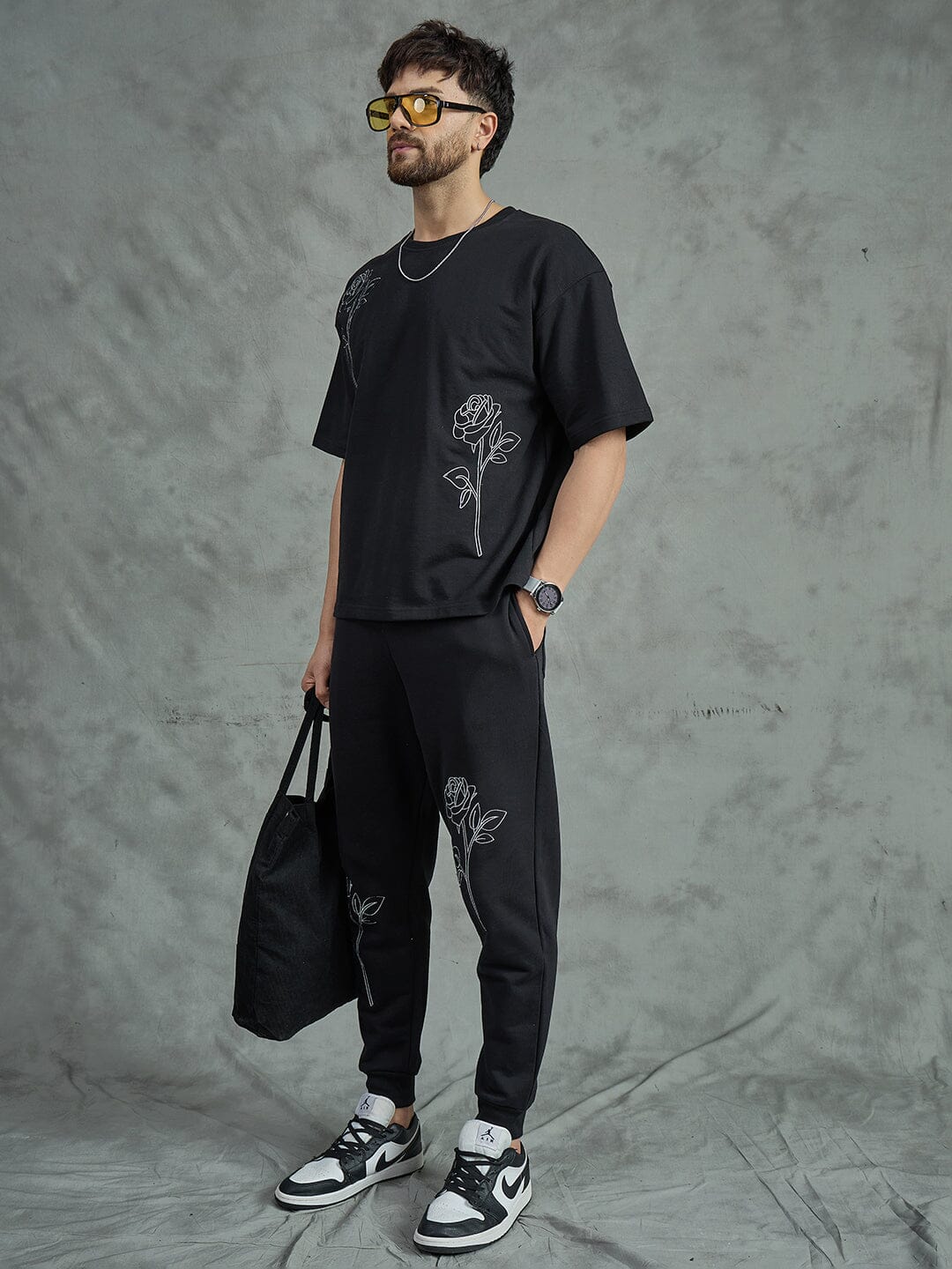 Black Rose Embroidery Oversized Tee
