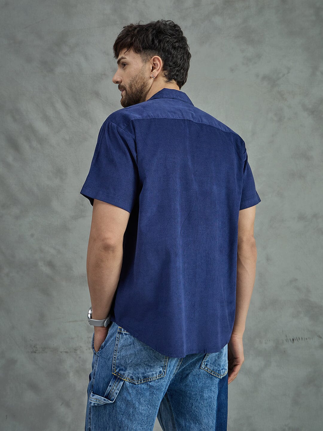 Navy Corduroy Sunflower Cuban Shirt