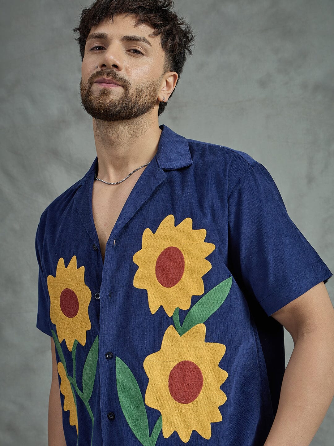 Navy Corduroy Sunflower Cuban Shirt