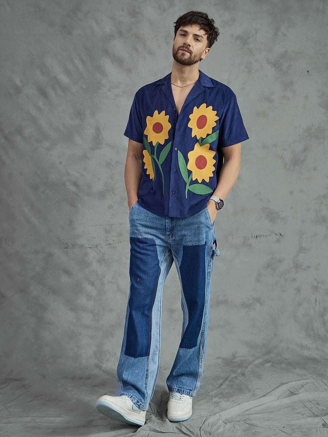 Navy Corduroy Sunflower Cuban Shirt