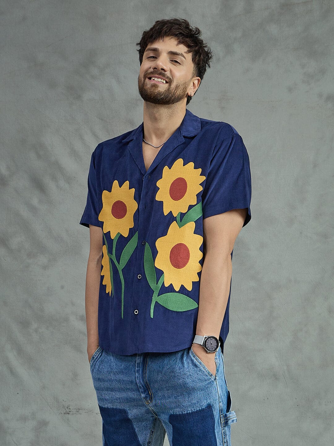 Navy Corduroy Sunflower Cuban Shirt
