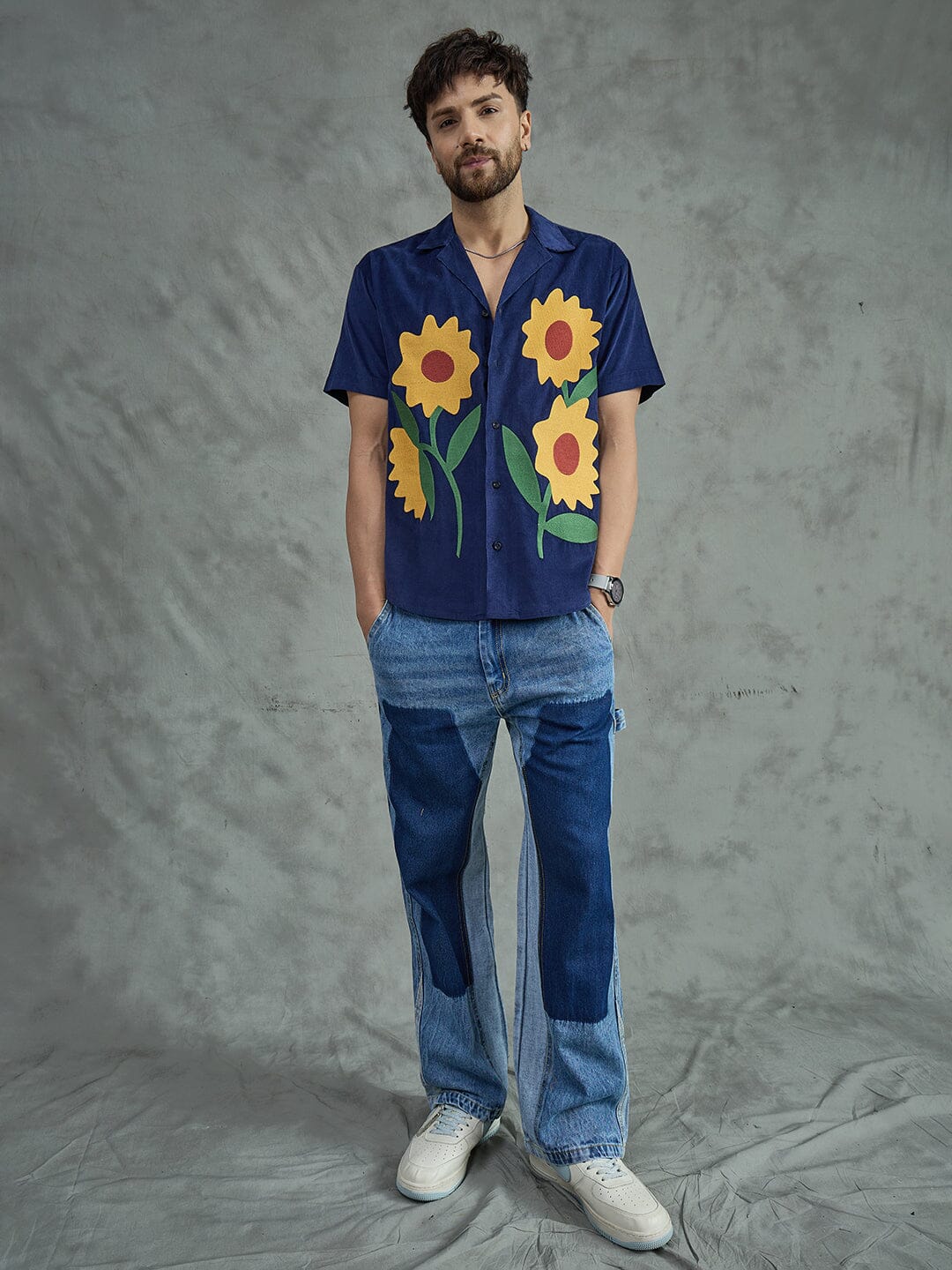 Navy Corduroy Sunflower Cuban Shirt