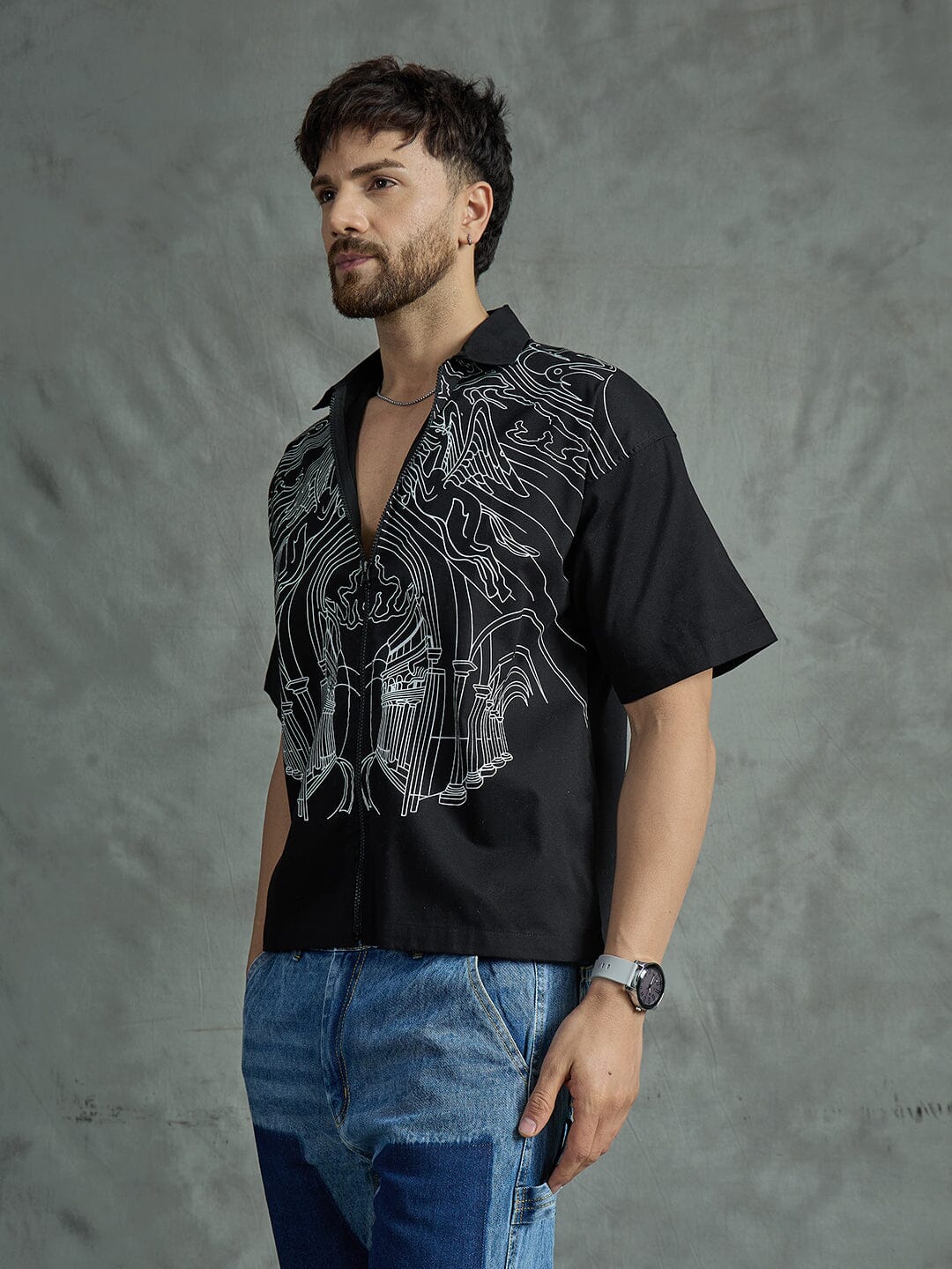 Black Lineart Zipped Shirt