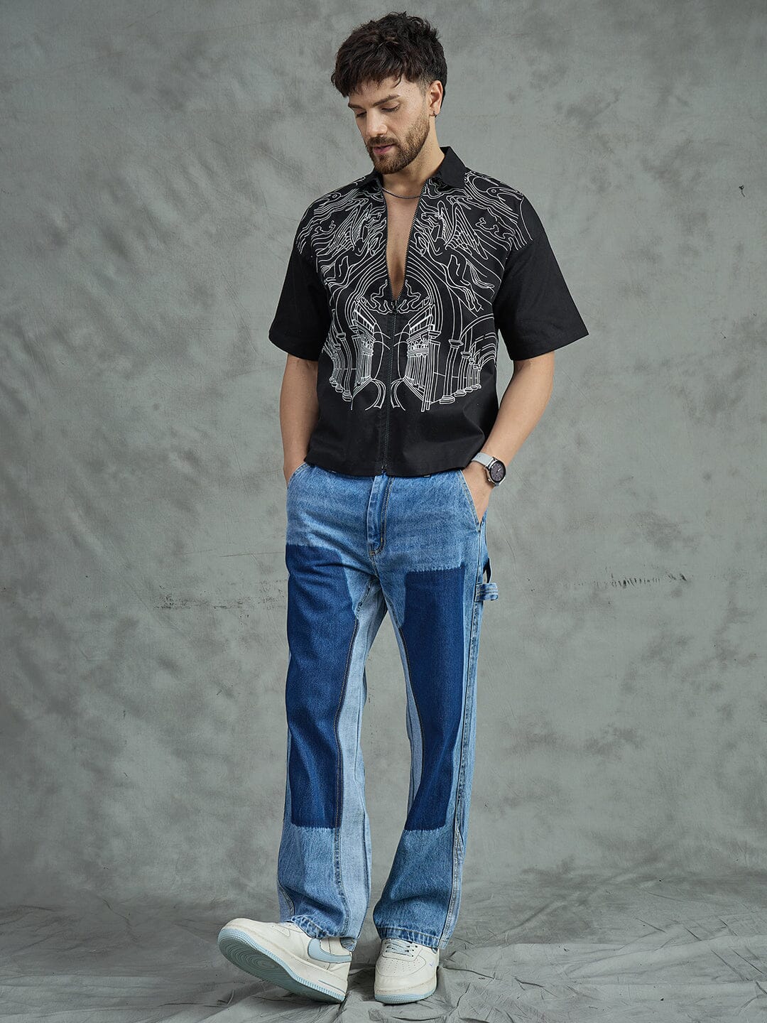 Black Lineart Zipped Shirt