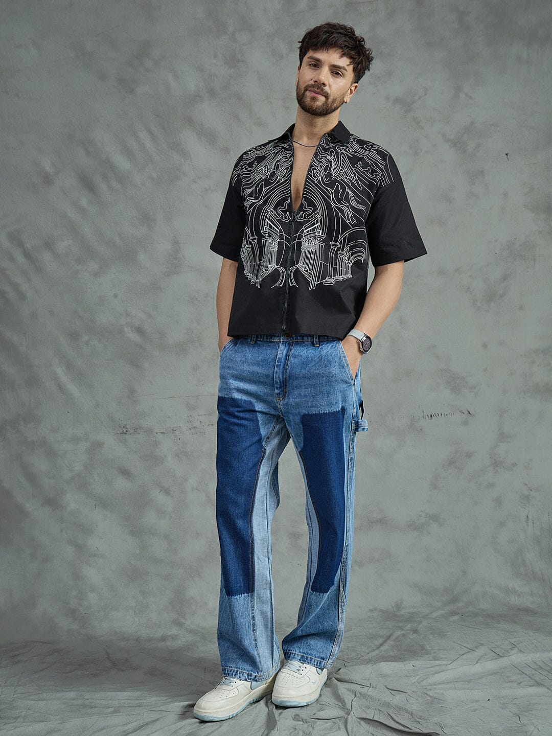 Black Lineart Zipped Shirt