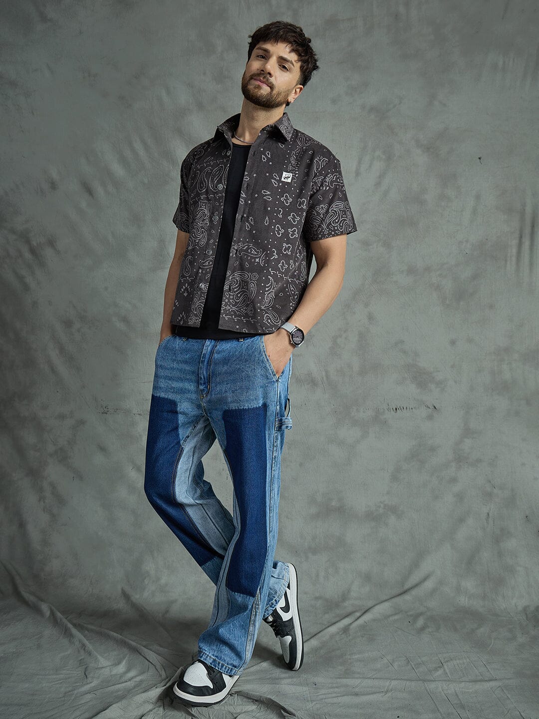 Grey Paisley Cropped Shirt With Black Vest