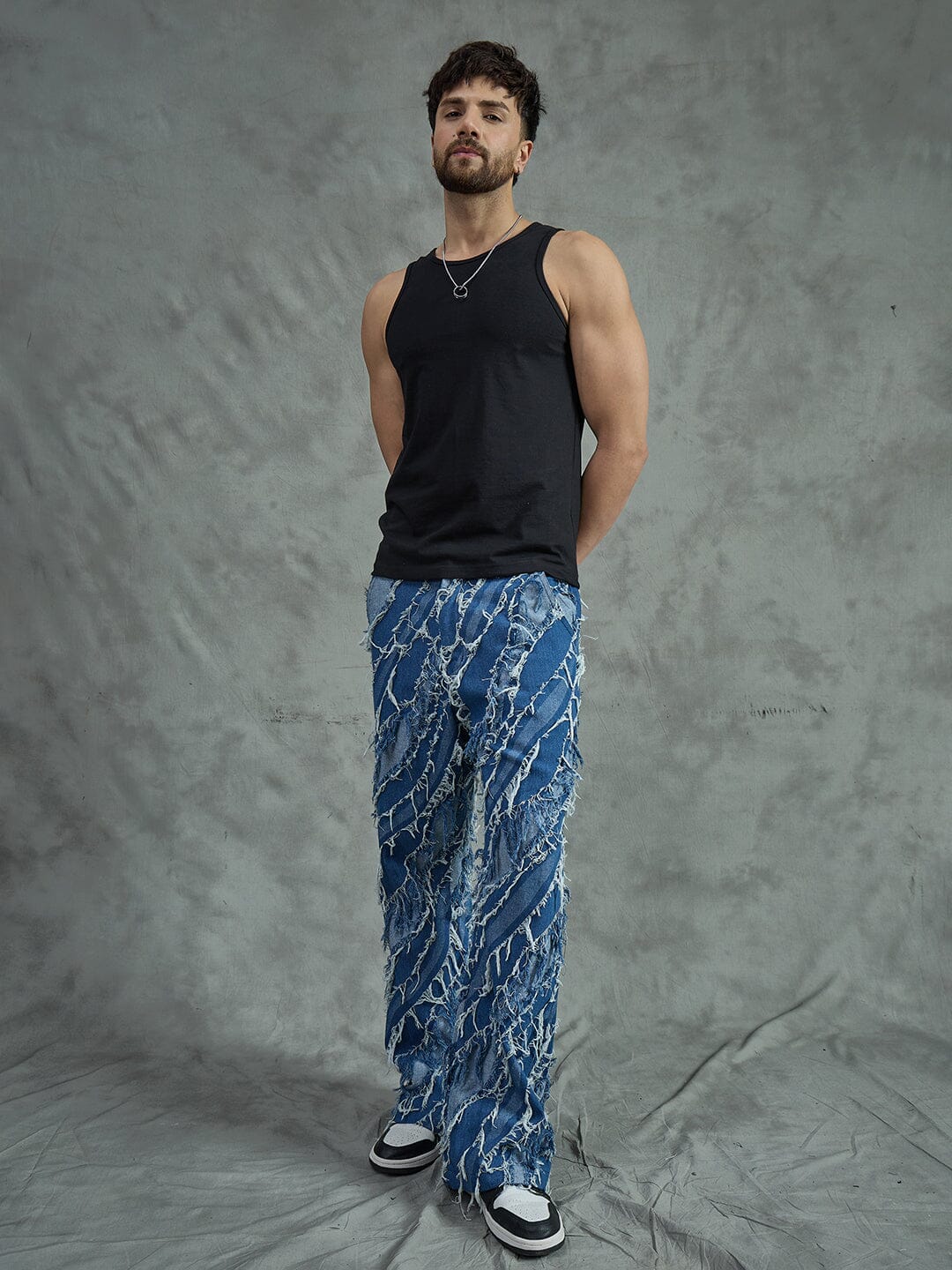 Indigo Heavy Damaged Flared Denim