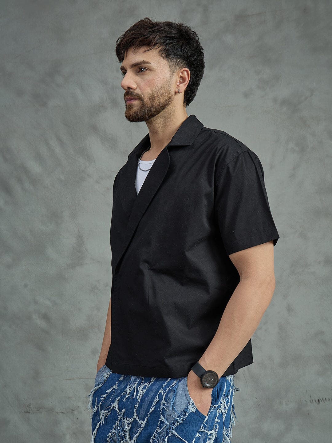 Black Korean Style Unibutton Cuban Shirt - qivii