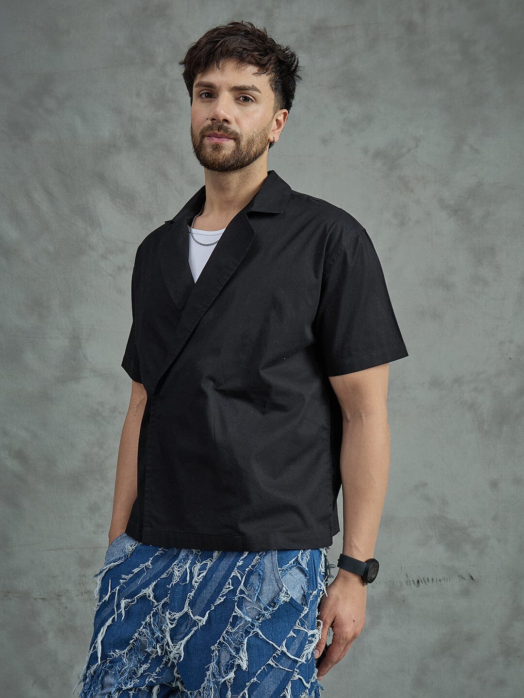 Black Korean Style Unibutton Cuban Shirt
