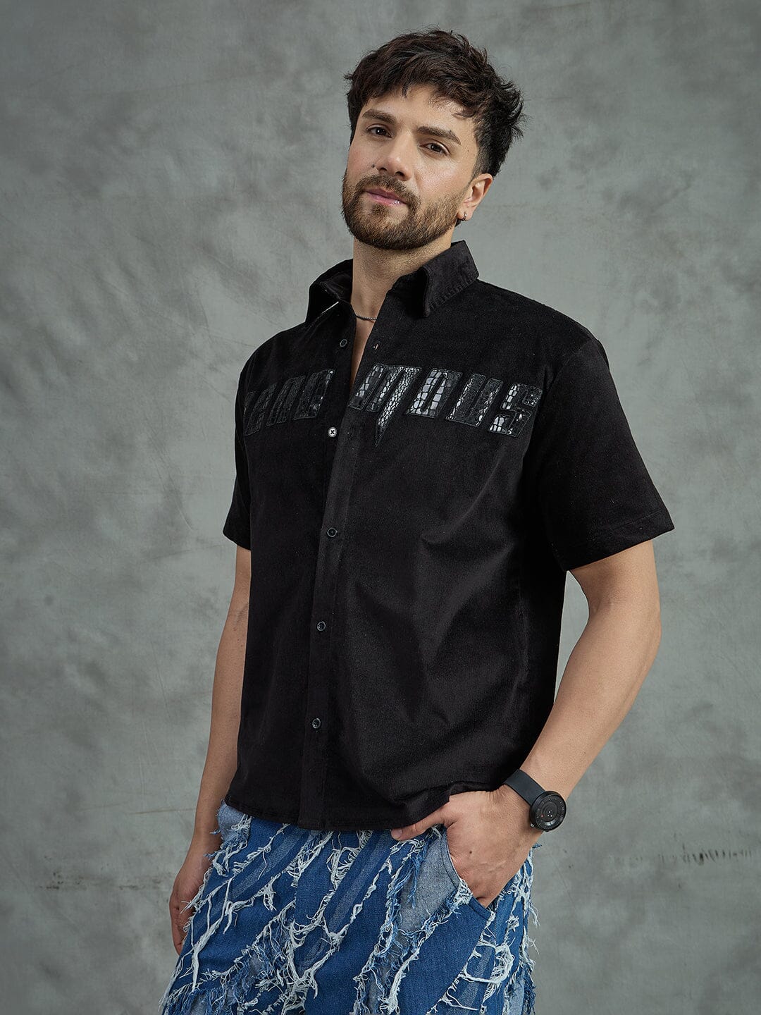 Black Corduroy Pu Applique Short Sleeves Shirt