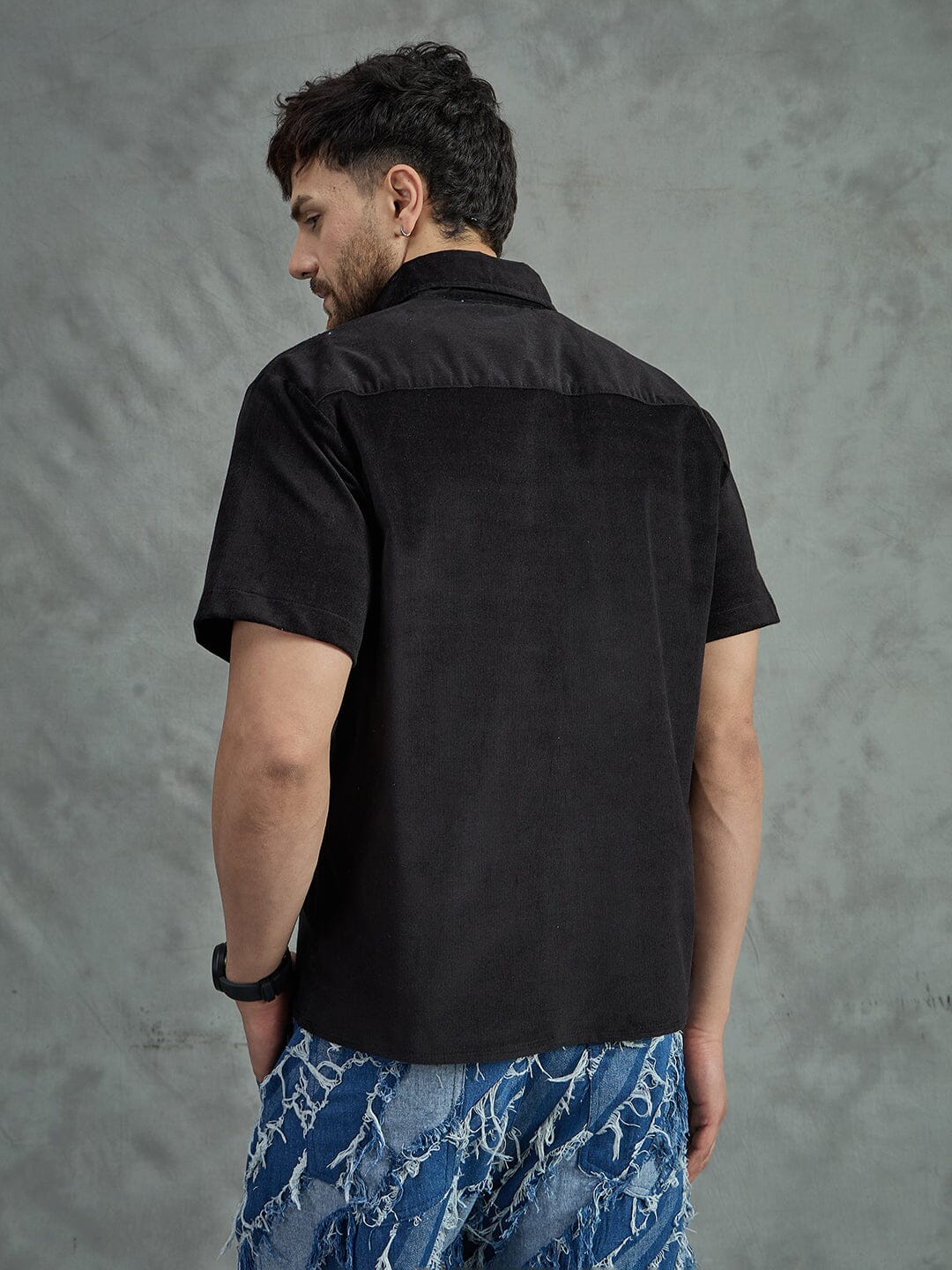 Black Corduroy Pu Applique Short Sleeves Shirt