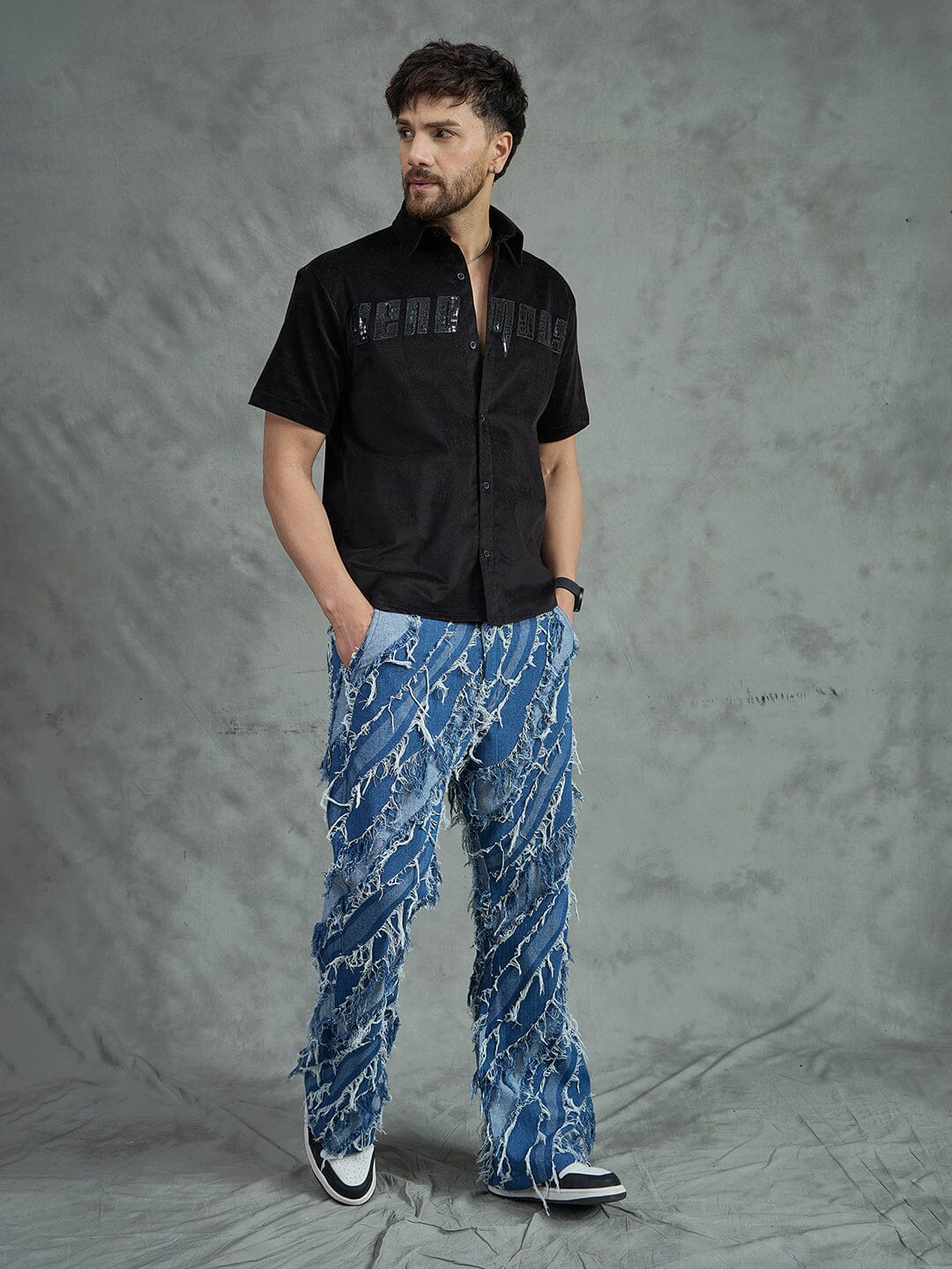 Black Corduroy Pu Applique Short Sleeves Shirt