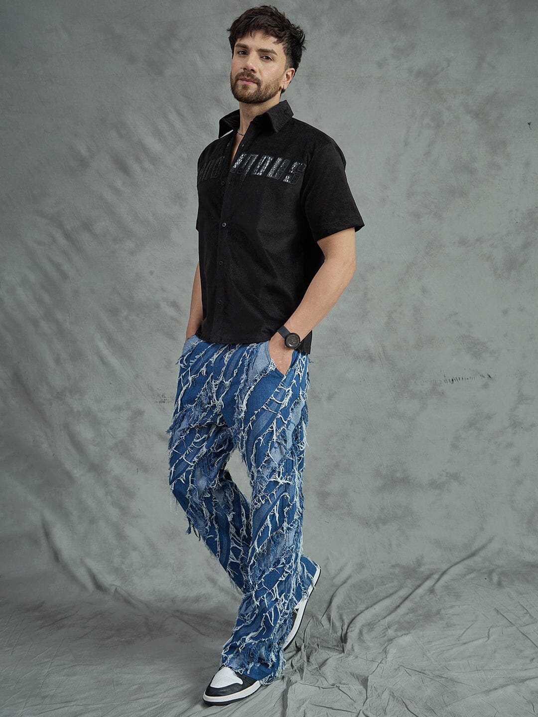 Black Corduroy Pu Applique Short Sleeves Shirt